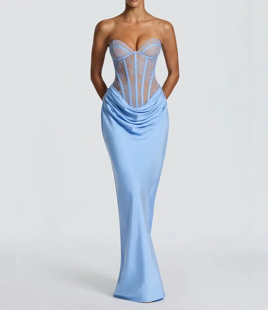 draped satin waist of the light blue mermaid maxi dress