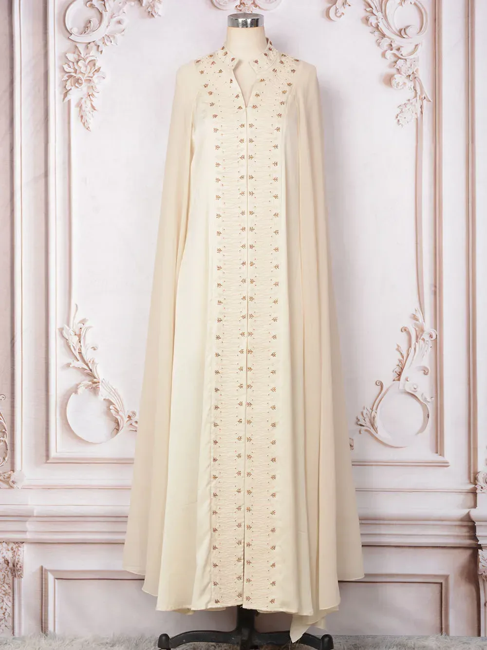 full length view of the apricot beaded evening maxi dress