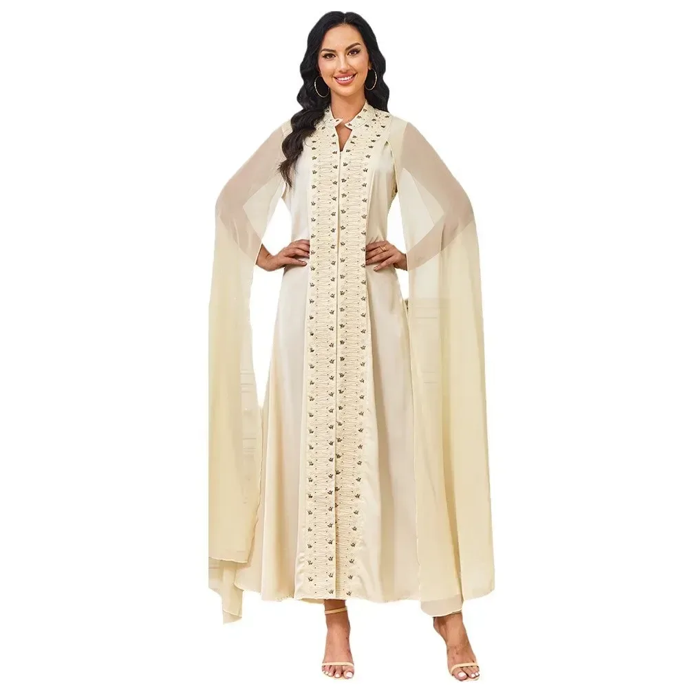 band collar and keyhole neckline on the beaded evening maxi dress