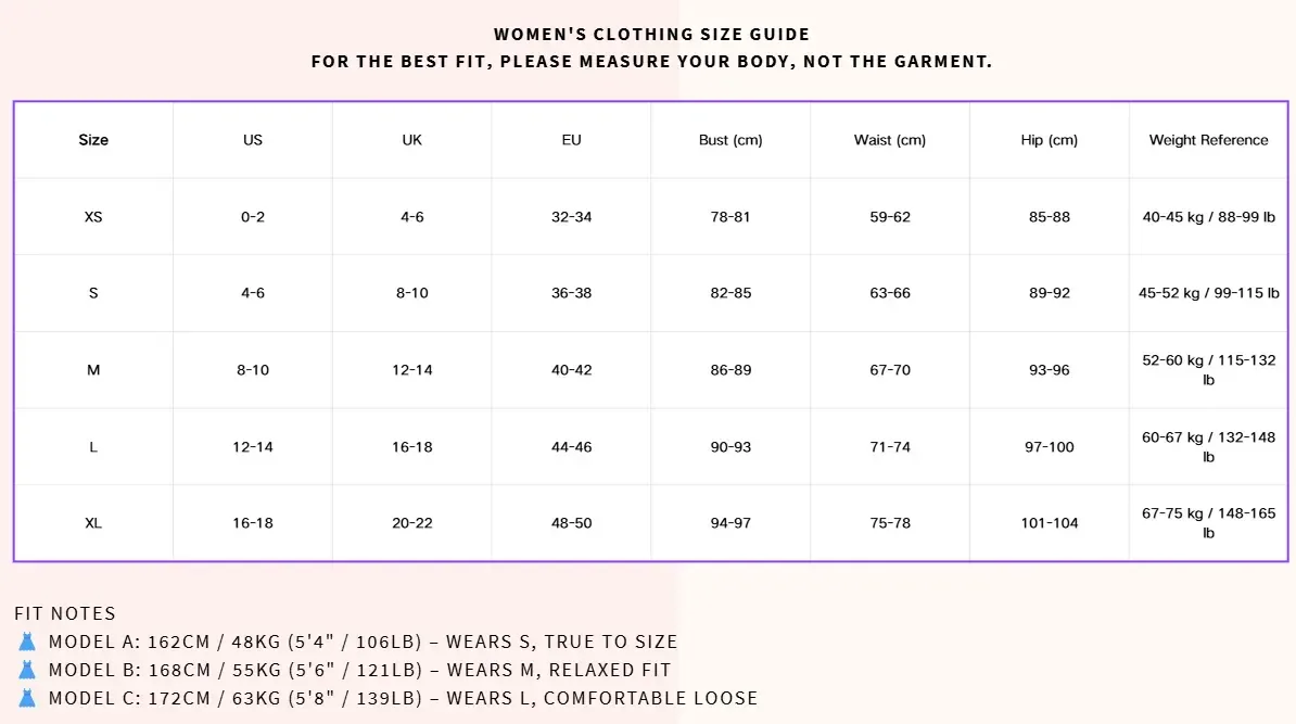 size guide with bust, waist and hip measurements