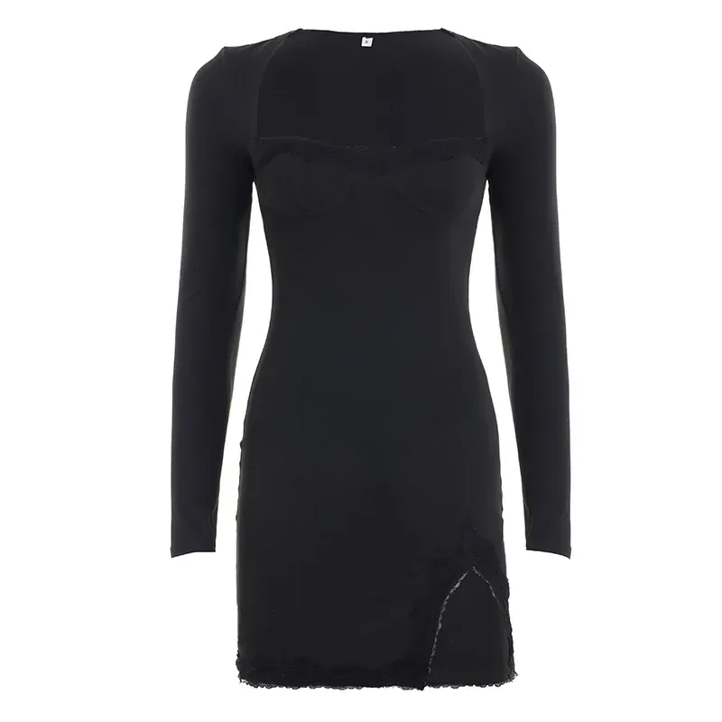lace trim along the square neckline of the mini dress