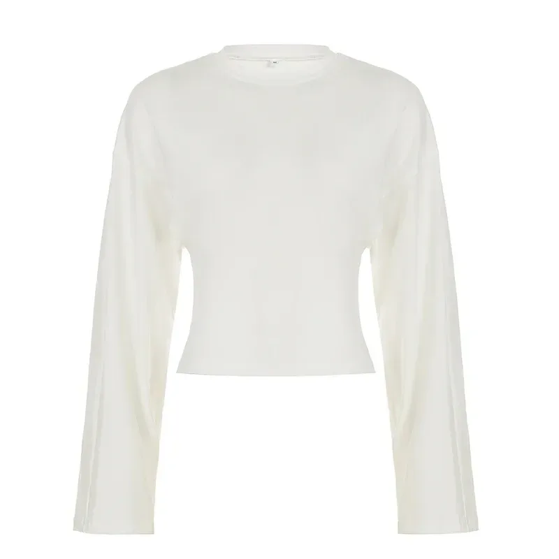 crew neckline of the white bell sleeve knit crop top