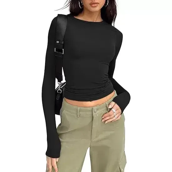 clean crew neckline on the black fitted crop top
